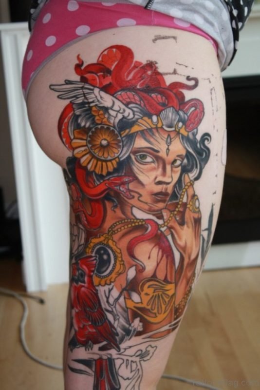 Colored Medusa Tattoo On Thigh