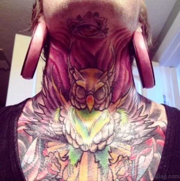 Colored Neck Owl Tattoo