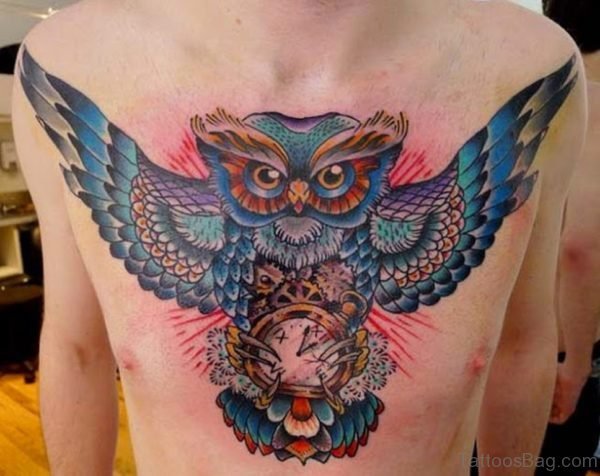 Colored Owl Tattoo Design On Chest