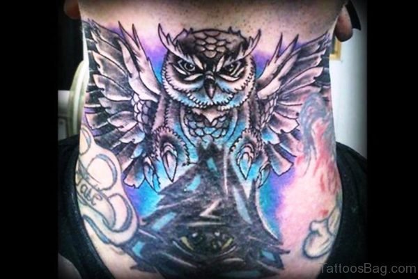 Colored Owl Tattoo On Neck