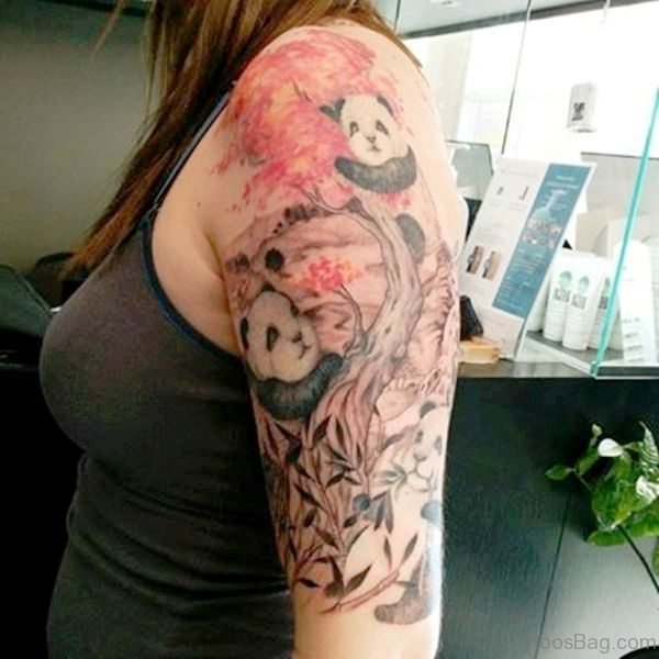 Colored Panda On Left Shoulder Tattoo