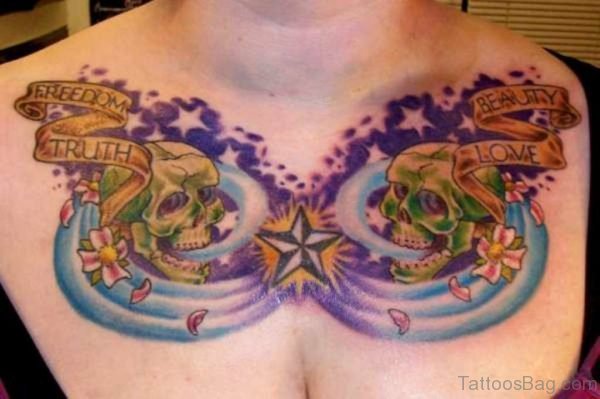 Colored Skull Tattoo On Chest