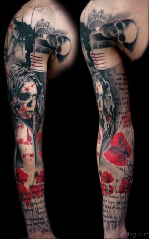 Colored Skull Tattoo On Full Sleeve