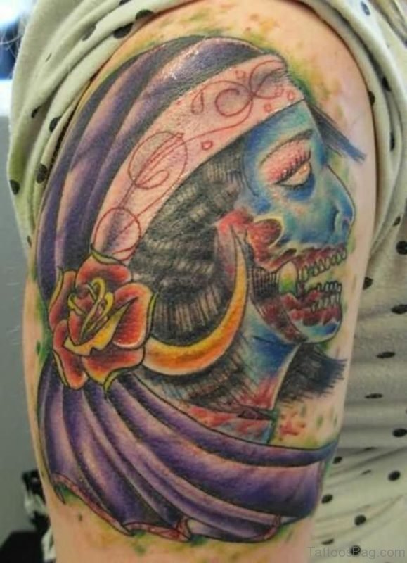 Colored Zombie Tattoo On Right Shoulder