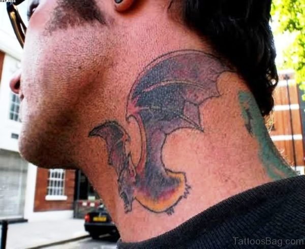 Colorful Bat Tattoo On Neck