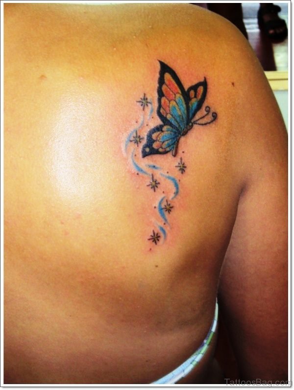Colorful Butterfly Tattoo On Shoulder Back