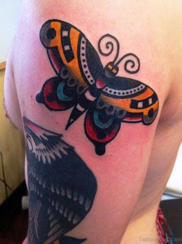 Colorful Butterfly Tattoo On Shoulder