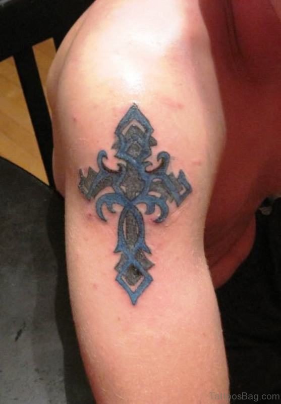 Colorful Cross Shoulder Tattoo Design