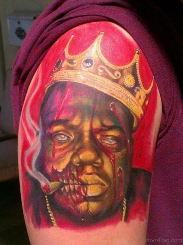 Colorful Crown On Zombie Head Tattoo On Shoulder