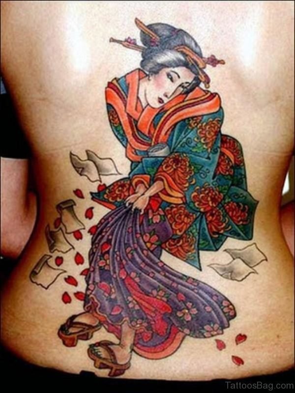 Colorful Geisha Tattoo On Back Of Body