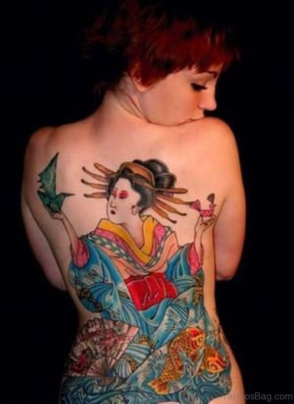 Colorful Geisha Tattoo On Girl Full Back