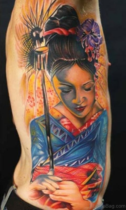 Colorful Geisha Tattoo On Rib Side