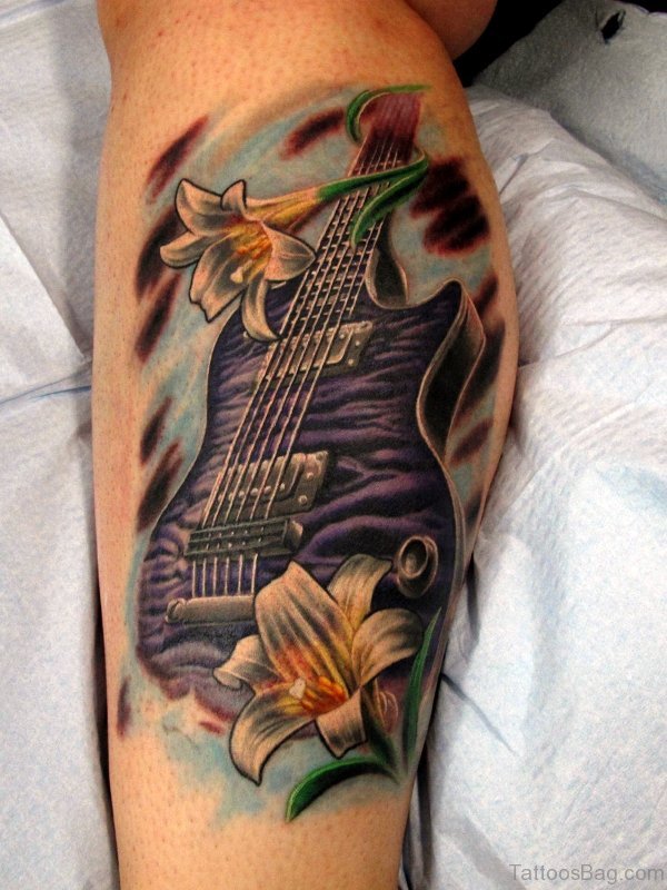 Colorful Guitar With Flowers On Forearm