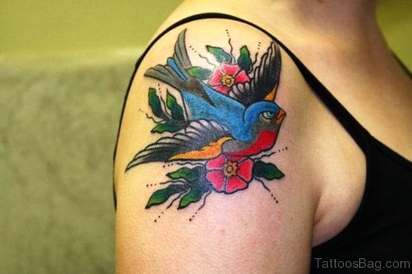 Colorful Hummingbird With Flowers Tattoo On Right Shoulder