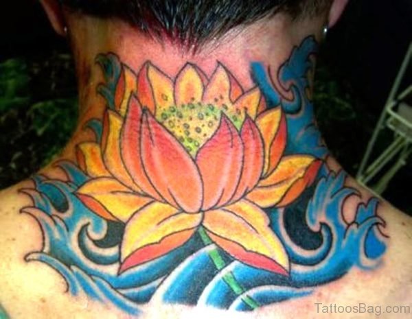 Colorful Lotus Tattoo On Neck