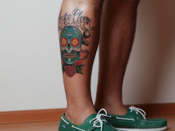 Colorful Mexican Gangster Sugar Skull Tattoo On Leg