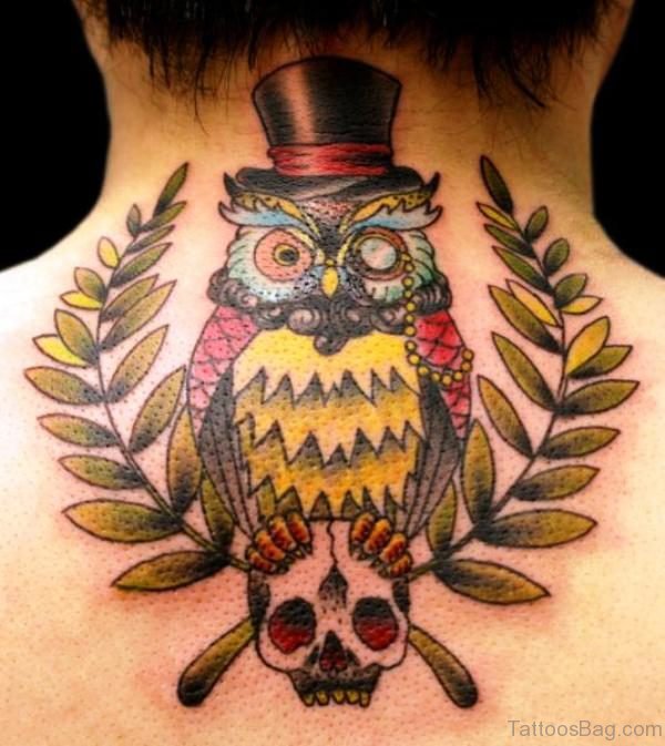 Colorful Owl With Skull Tattoo