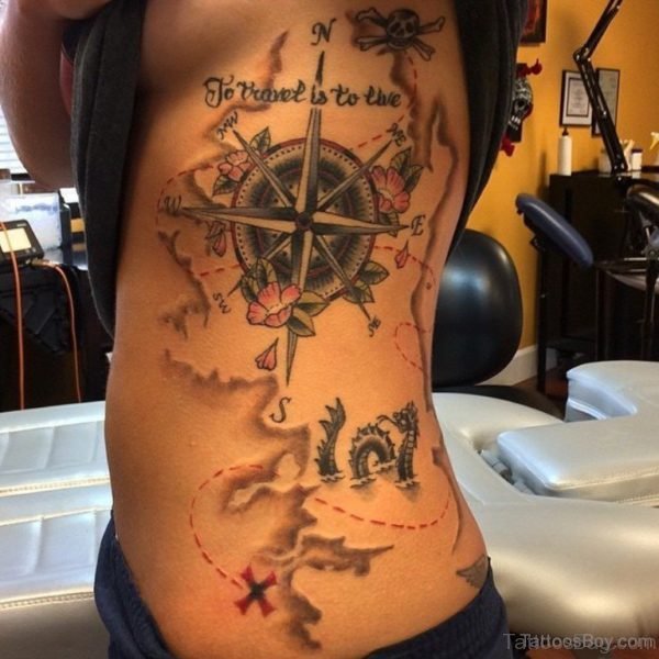 Compass Map Tattoo On Rib
