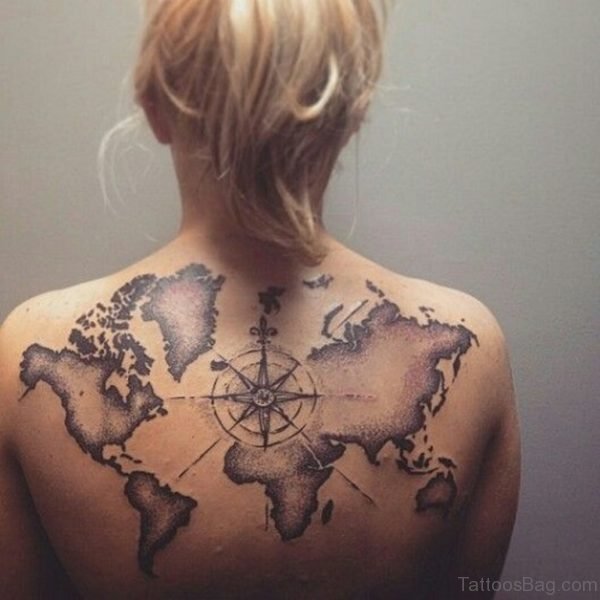 Compass and Map Tattoo on Womans Back