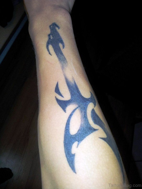 Cool Black Guitar Tattoo On Forearm