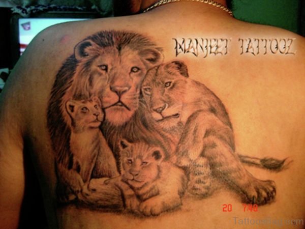 Cool Lion Family Tattoo On Back 