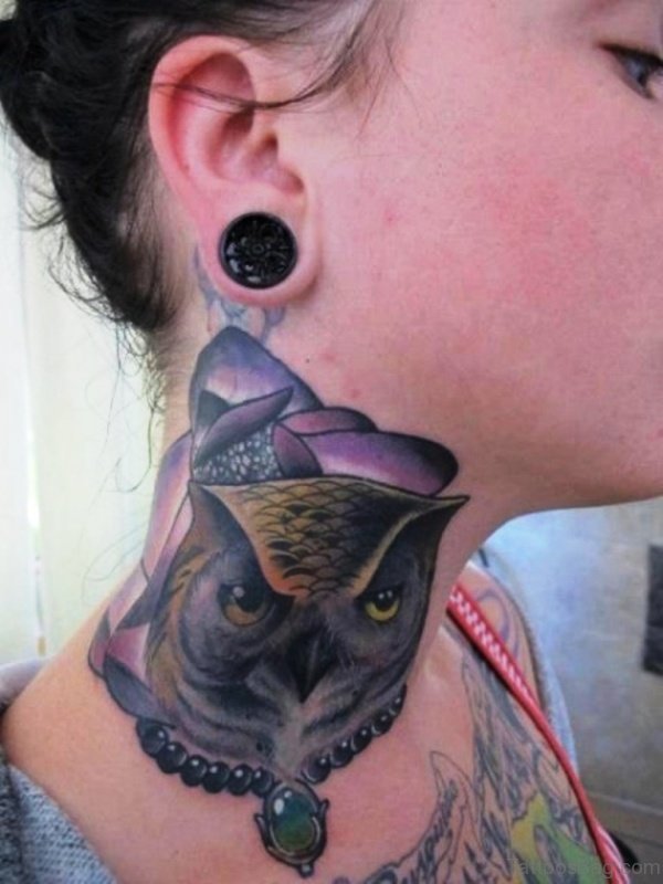 Cool Owl Face Tattoo On Neck