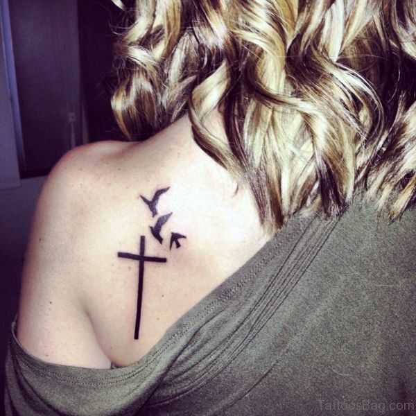 Croos And Bird Shoulder Tattoo