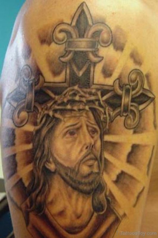 Cross And Jesus Tattoo On Shoulder