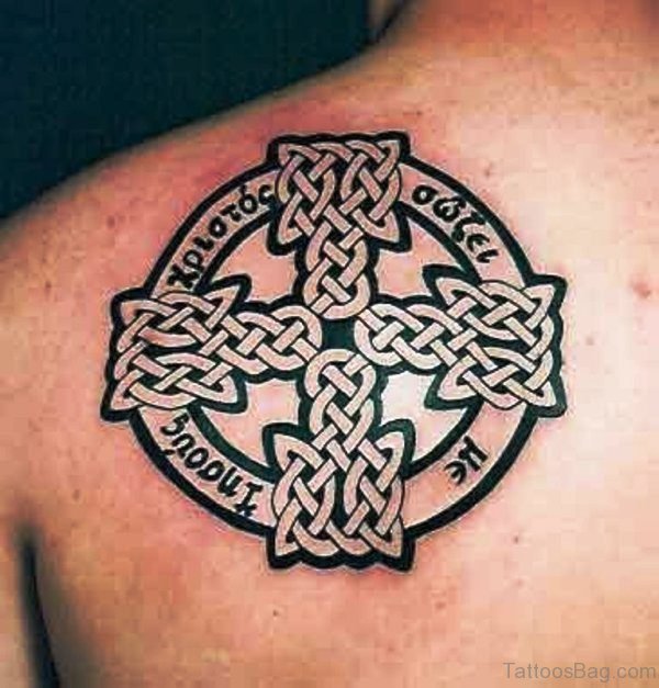 Cross Celtic Tattoo On Left Shoulder