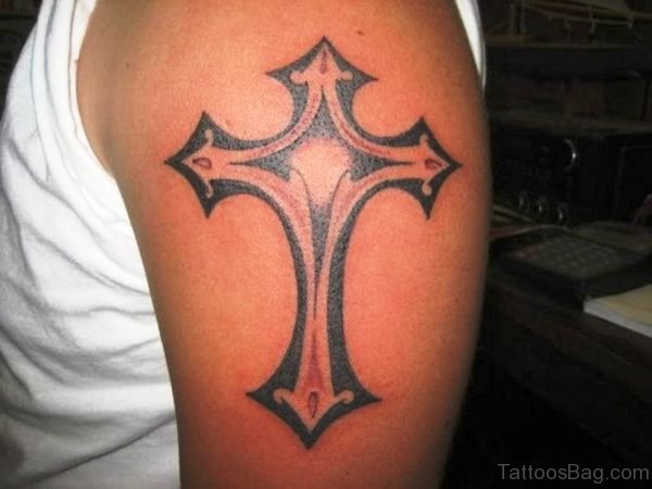 Cross Tattoo On Left Shoulder