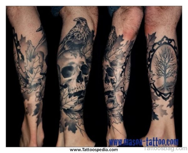Crow And Skull Tattoo On Leg