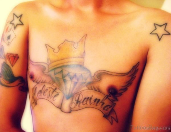 Crown And Diamond Tattoo On Chest
