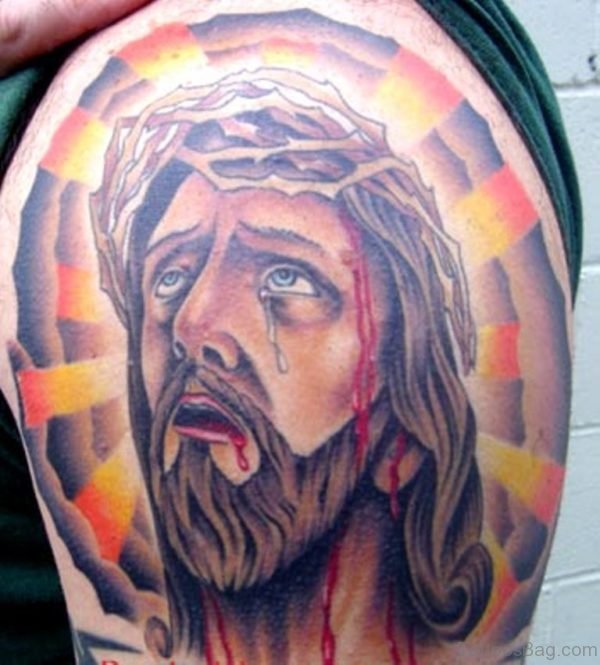 Crying Bleeding Jesus Tattoo On Shoulder