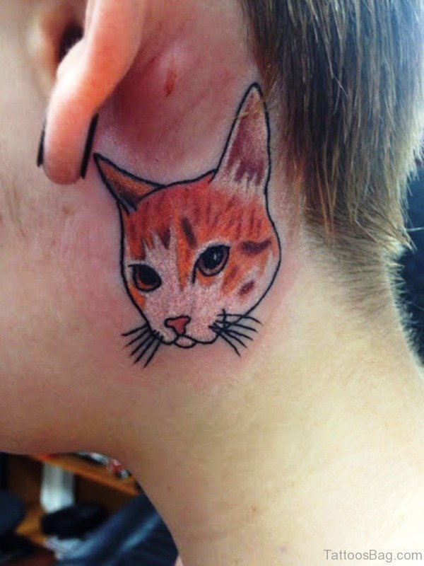 Cute Cat Face Tattoo On Neck