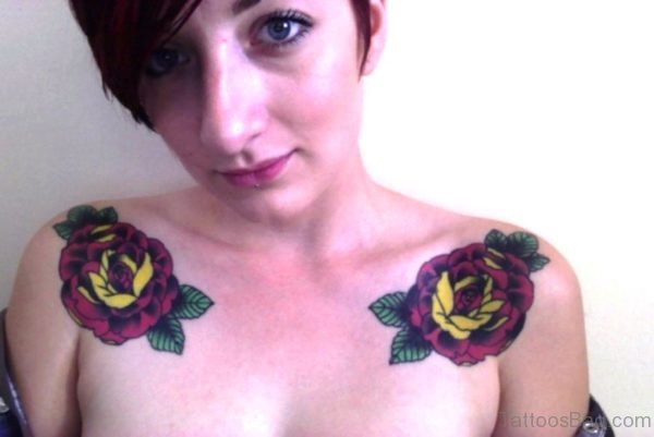 Dark Pink Flower Tattoo On Both Shoulders