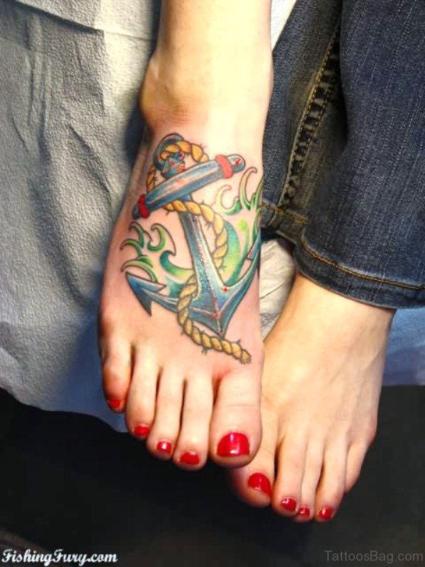Delightful Colorful Anchor Tattoo On Foot