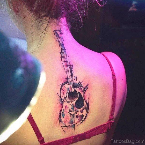 Delightful Guitar Tattoo On Back
