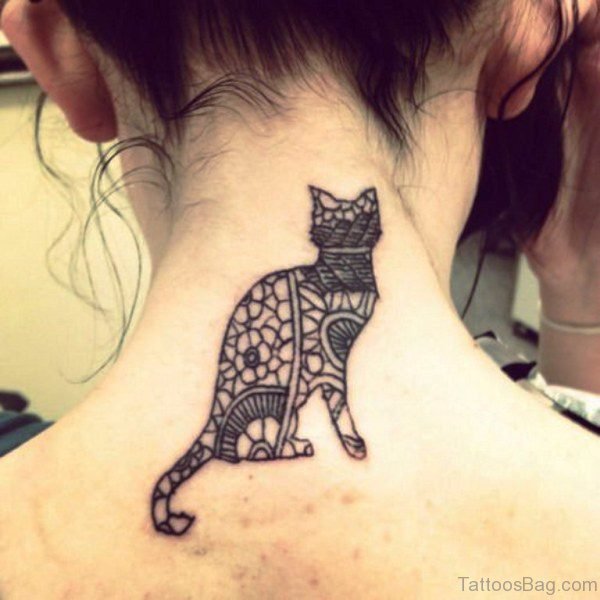 Designer Cat Tattoo On Neck Back