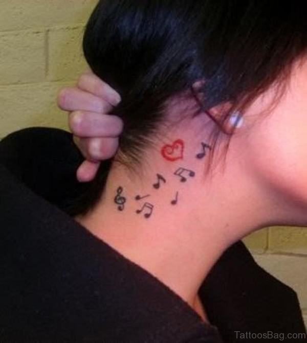 Designer Heart And Music Tattoo On Neck