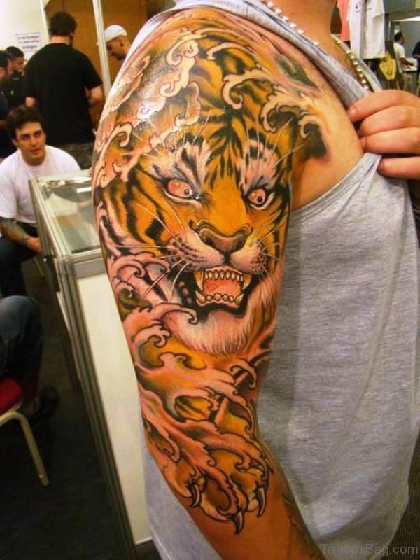 Designer Tiger Tattoo On Right Shoulder 