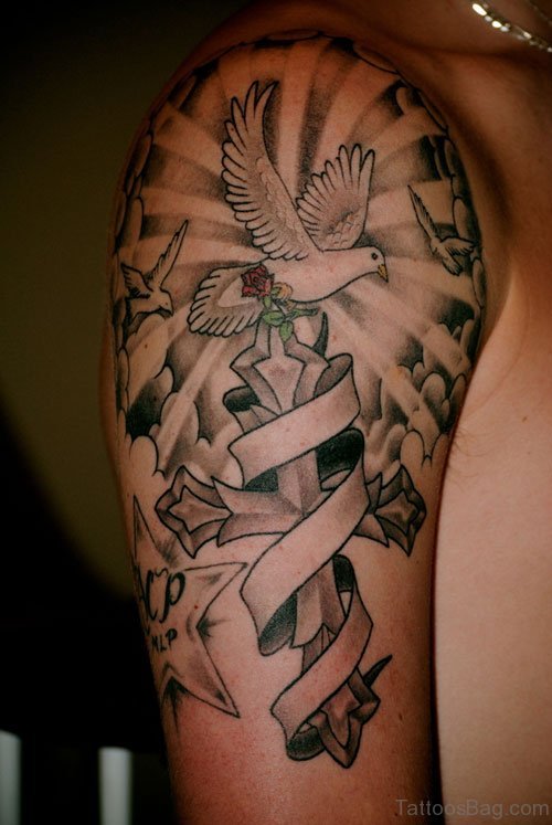 Dove And Cross Tattoo On Shoulder