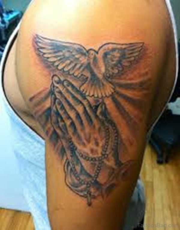 Dove And Praying Hands Tattoo On Shoulder