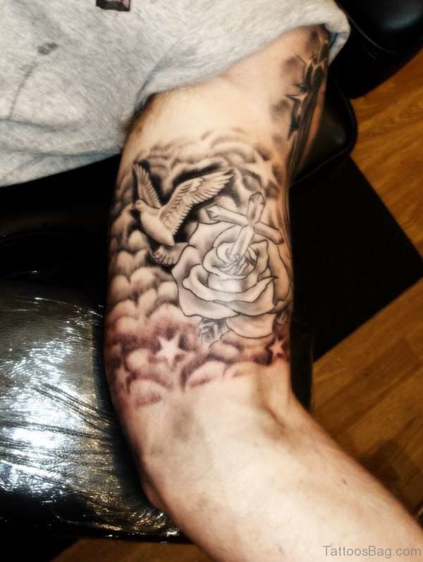 Dove And Rose Tattoo On Shoulder