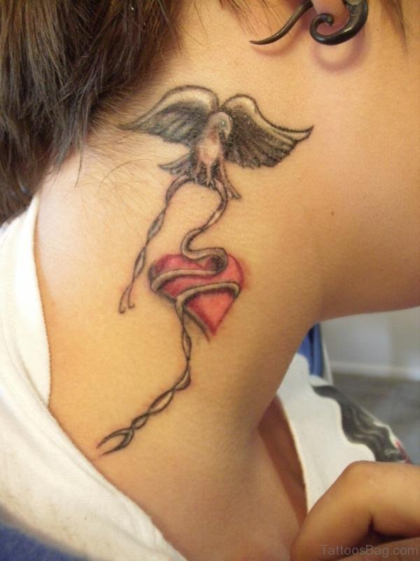 Dove With Heart Neck Tattoo