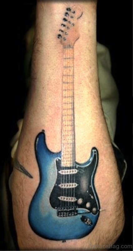 Elegant Red And Black Guitar Tattoo On Forearm