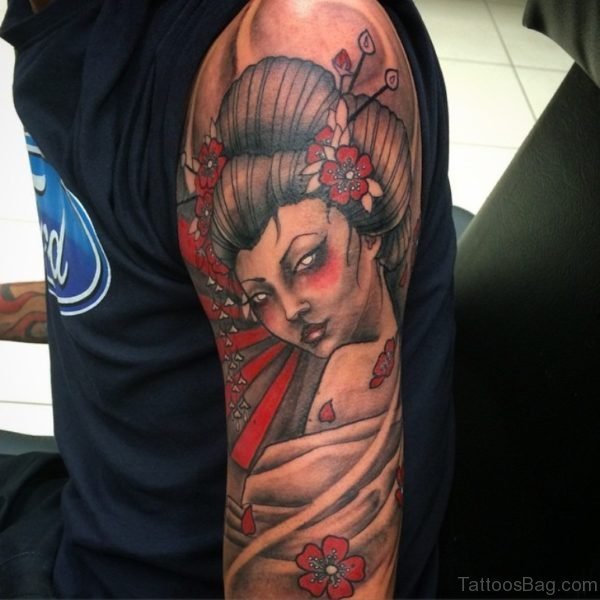 Elegant Geisha Tattoo Design on Shoulder