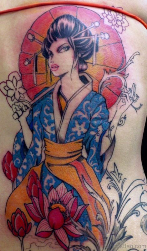 Elegant Geisha Tattoo On Back For Women