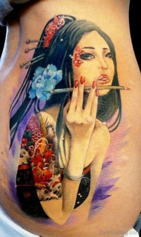 Elegant Geisha Tattoo On Rib