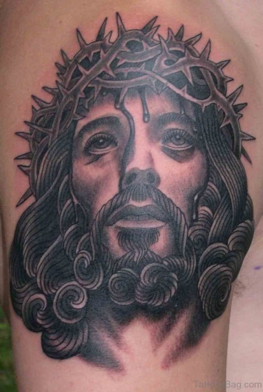 Elegant Jesus Tattoo On Shoulder