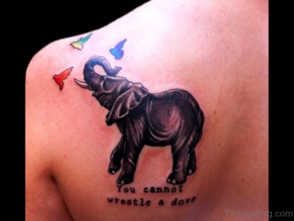 Elephant And Birds Shoulder Tattoo